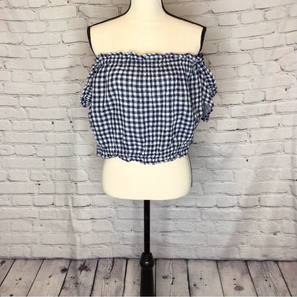 American Eagle Outfitters Off The Shoulder Blue and White Gingham Crop Top Large